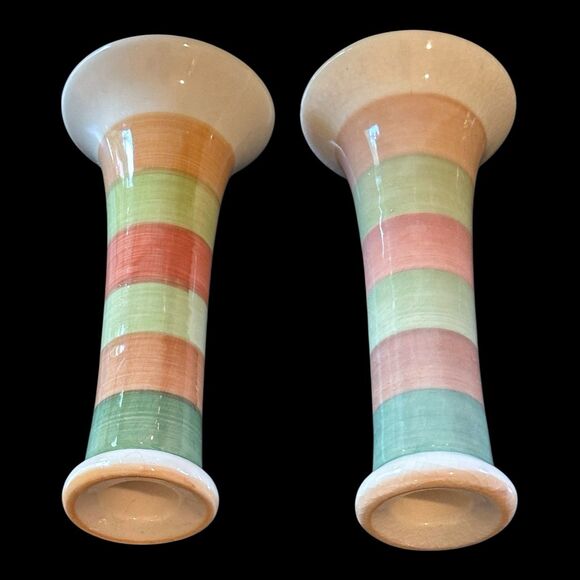 Pair of Vintage Horizontal Lines Striped Terracotta Taper/Pillar Candle Holders - Picture 4 of 8
